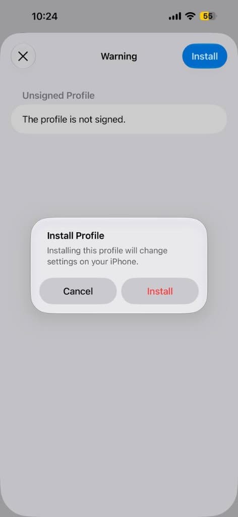 پنجره تأیید Install Profile در iOS